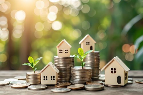 Holzhäuschen mit Münztürmen und Pflanzensprösslingen